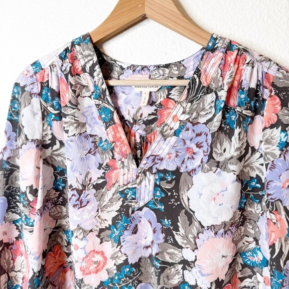 Rebecca Taylor Long Sleeve Silk Penelope Top in Coal Floral Size 4 US - Picture 2 of 6